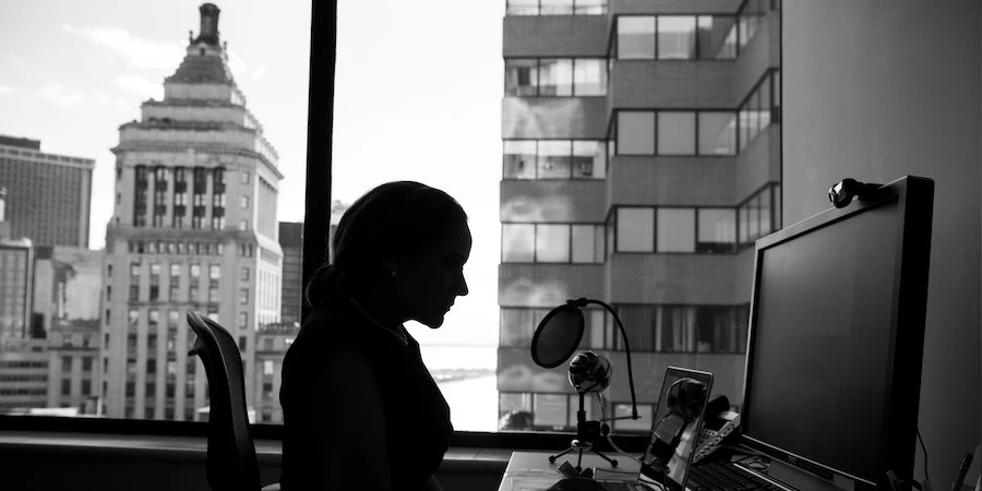 Women working in office, black and white picture